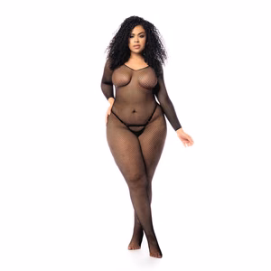 Long Sleeved Fishnet Bodystocking - Queen Size - Black