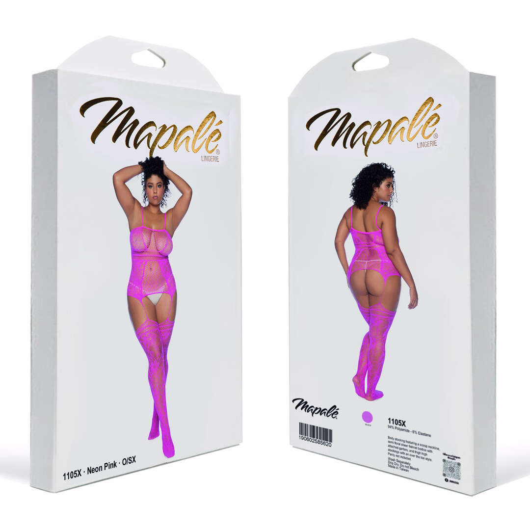 Fishnet Bodystocking with Necklines and Straps - Queen Size - Pink - 2