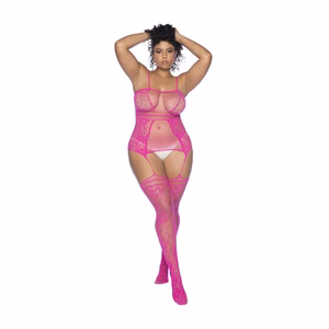 Fishnet Bodystocking with Necklines and Straps - Queen Size - Pink