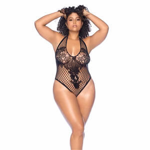 Floral Fishnet Bodysuit - Queen Size - Black