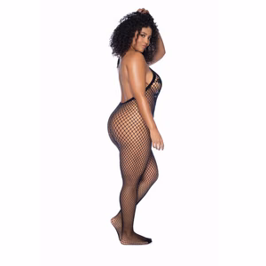 Halter and Crotchless Floral Bodystocking - Queen Size - Black - 2