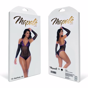Fishnet and Lace Bodysuit Set - One Size - Black/Purple - 2