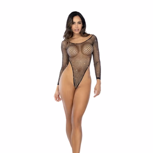 Long Sleeve Fishnet Rhinestone Bodysuit - One Size - Black/Rhinestone