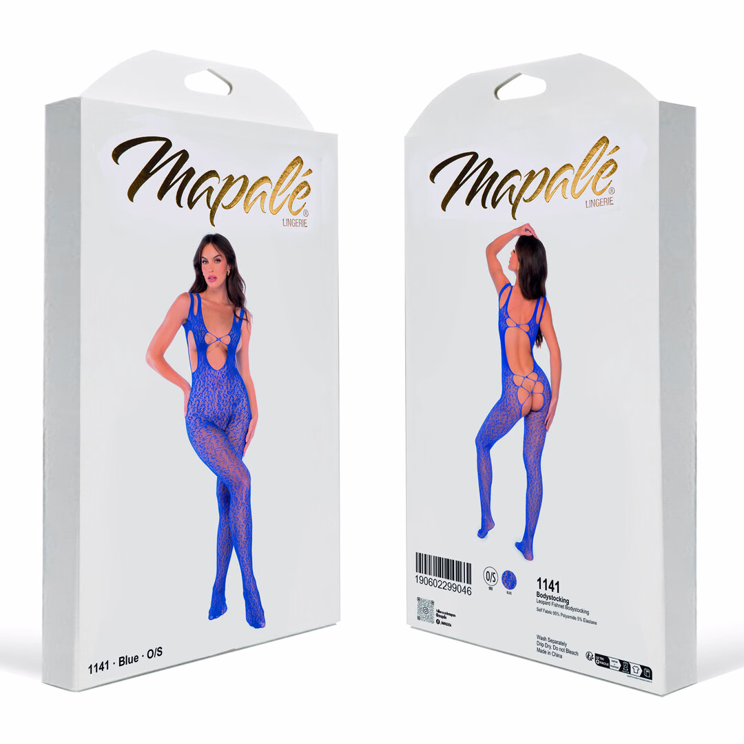 Leopard Fishnet Bodystocking - One Size - Blue - 2