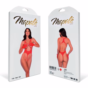 Open Cup Fishnet Bodysuit with Gloves - One Size - Red - 2
