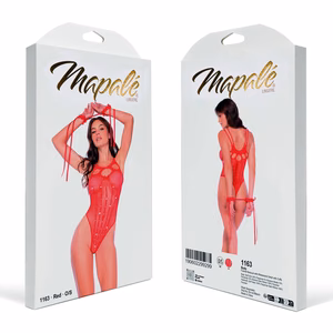 Fishnet Bodystocking with Rhinestone Detail and Cuffs - One Size - Red - 2