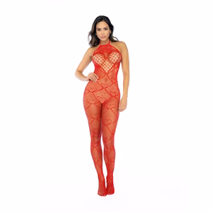Heart Fishnet Bodystocking with Rhinestone Detail - One Size - Red