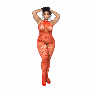 Heart Fishnet Bodystocking with Rhinestone Detail - Queen Size - Red