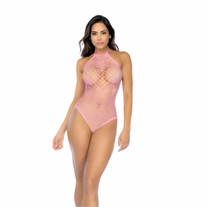 Heart Fishnet Bodysuit with Heart Detail - One Size - Bubbelgum Pink