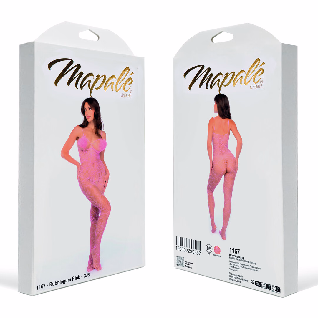 Feather Kiss Fishnet Bodysuit - One Size - Bubbelgum Pink - 2