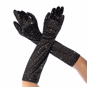 Satin Rhinestone Opera Gloves - One Size - Black/Rhinestone
