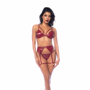 Three Piece Bra Set - L - Gloss Wine Red