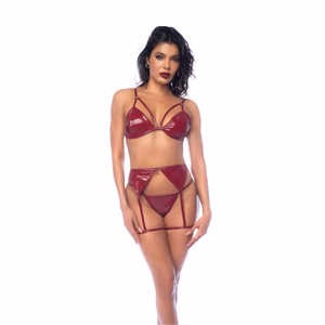 Three Piece Bra Set - M - Gloss Wine Red