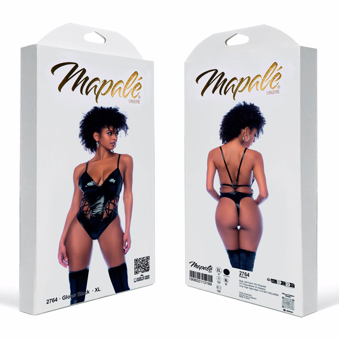 Lace-up Bodysuit with Low-Cut Front - L - Gloss Black - 2