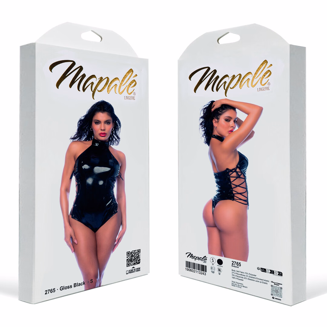 Lace-up Halter Bodysuit - M - Gloss Black - 2