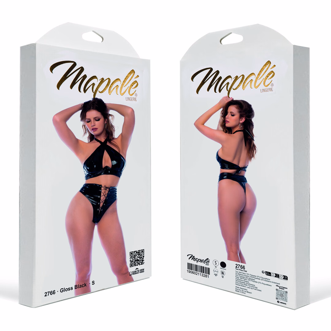 Two Piece Halter Set with Lace-up Panty – M – Gloss Black – 2 Two Piece Halter Set with Lace-up Panty - M - Gloss Black - 2