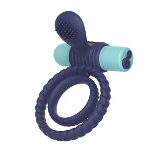 Triologia - Double Penis Ring with Rechargable Bullet - Blue