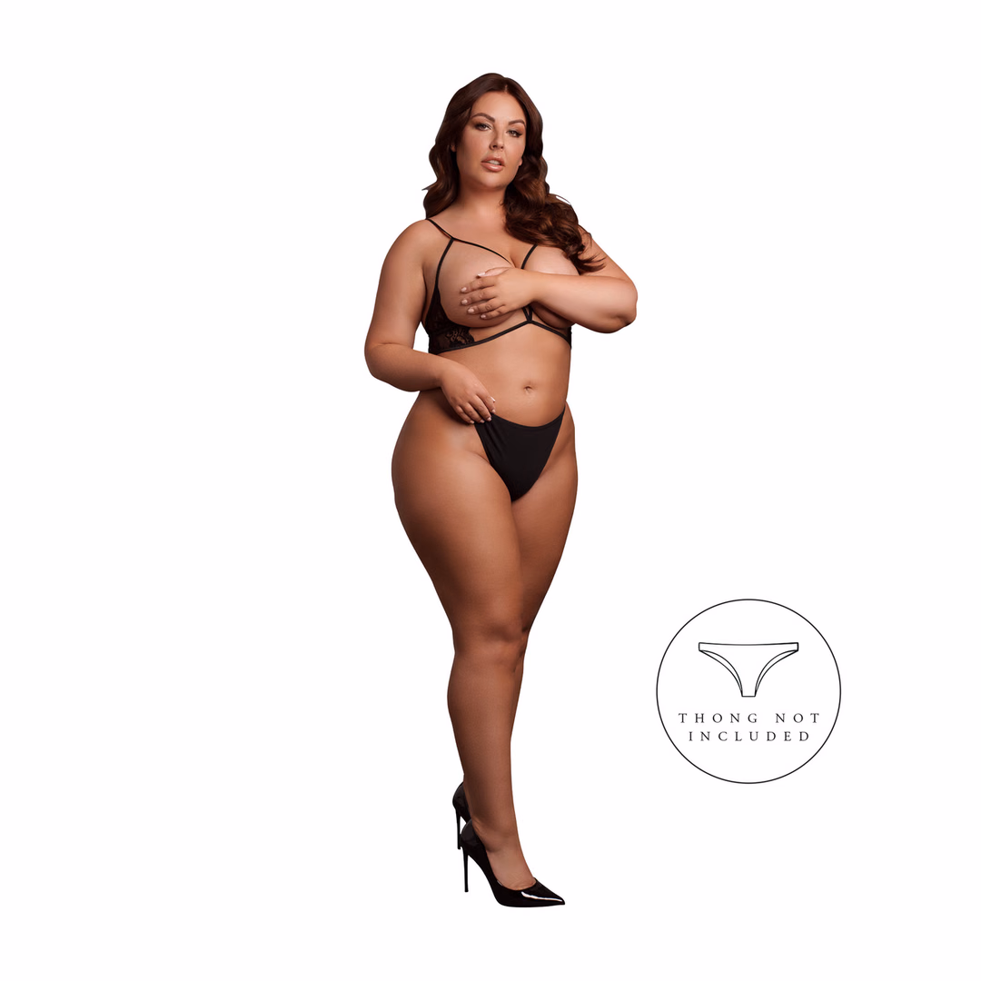 Open Cup Triangle Bra with Lace and Adjustable Sliders - Queen Size - Black