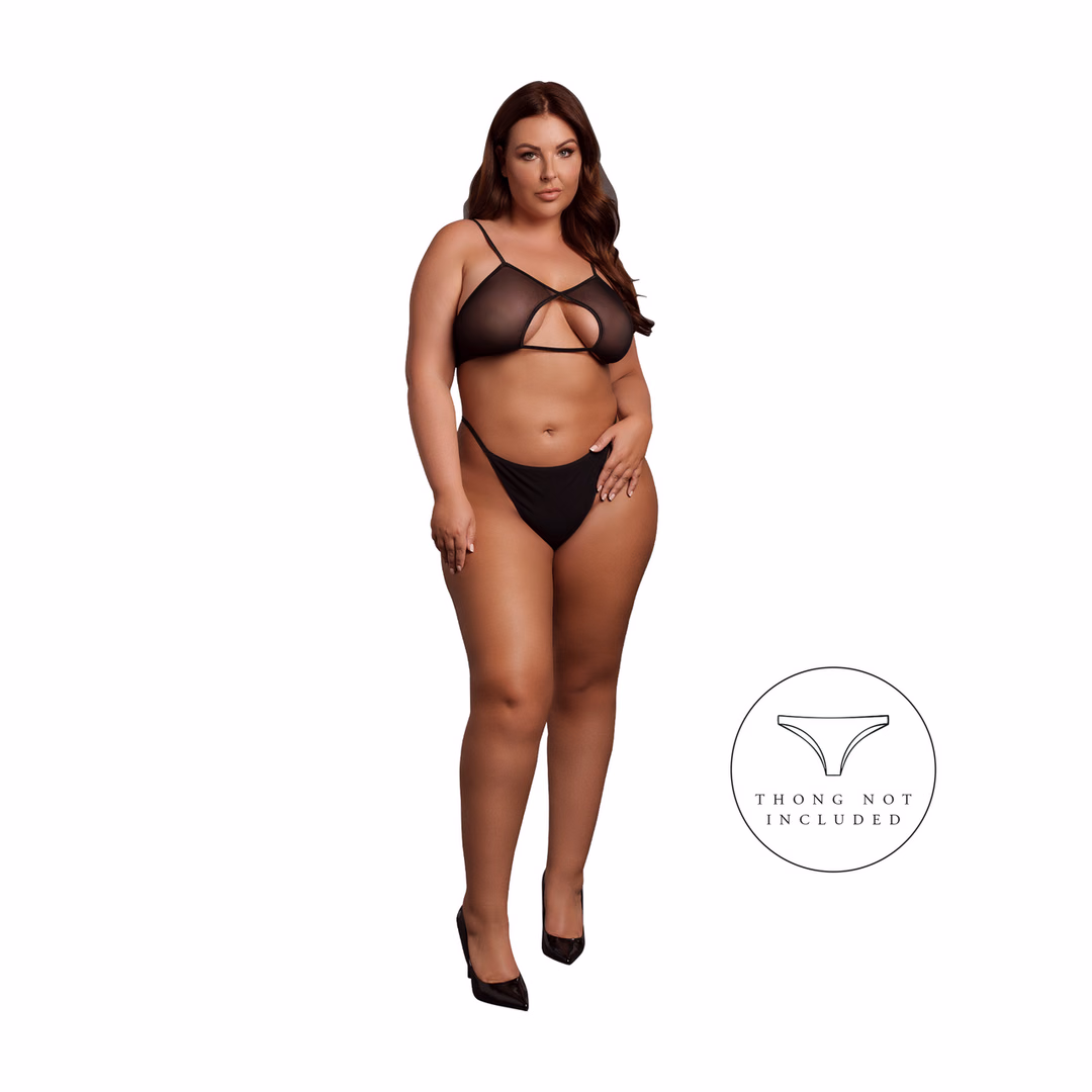 Keyhole Mesh Bra with Double Back Straps and Adjustable Sliders - Queen Size - Black