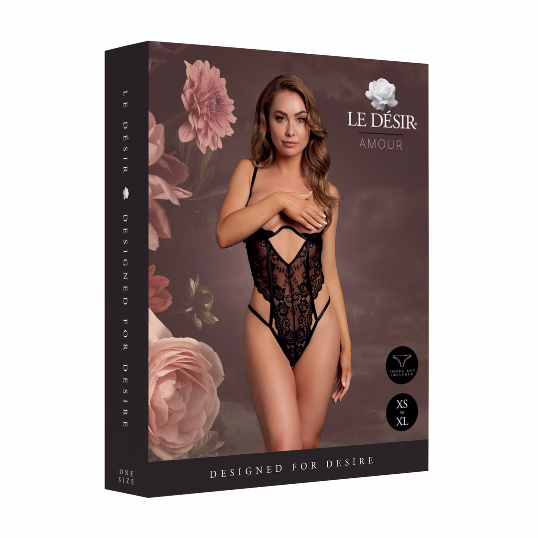 Lace Underwired Open Cup Bodysuit with Adjustable Sliders - One Size - Black - 2