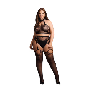 Two Piece with Halter Turtleneck and Pantie with Attached Stockings - Queen Size - Black