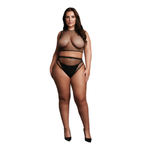 2 Pc Crop Top - Pantie and Fishnet Structure - Queen Size - Black