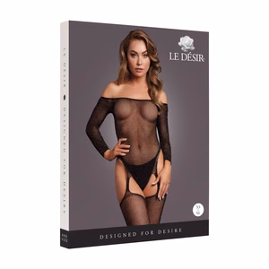 Shimmering Off the Shoulder Bodystocking - One Size - Black/Gold Glitter - 2