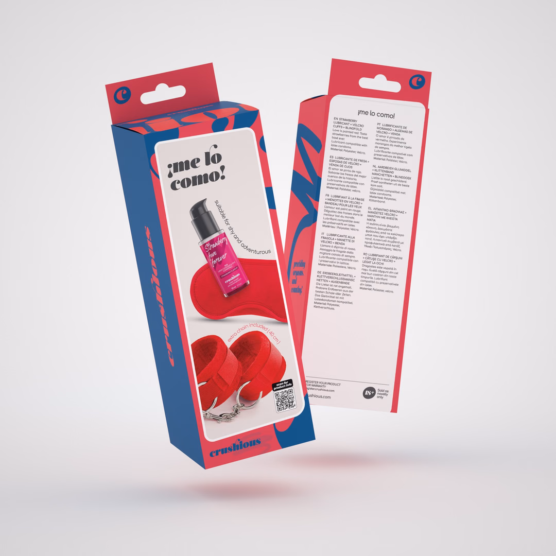 Me Lo Como - Velcro Handcuffs Set with Blindfold and Strawberry Lubricant - 1.7 fl oz / 50 ml - Red - 2
