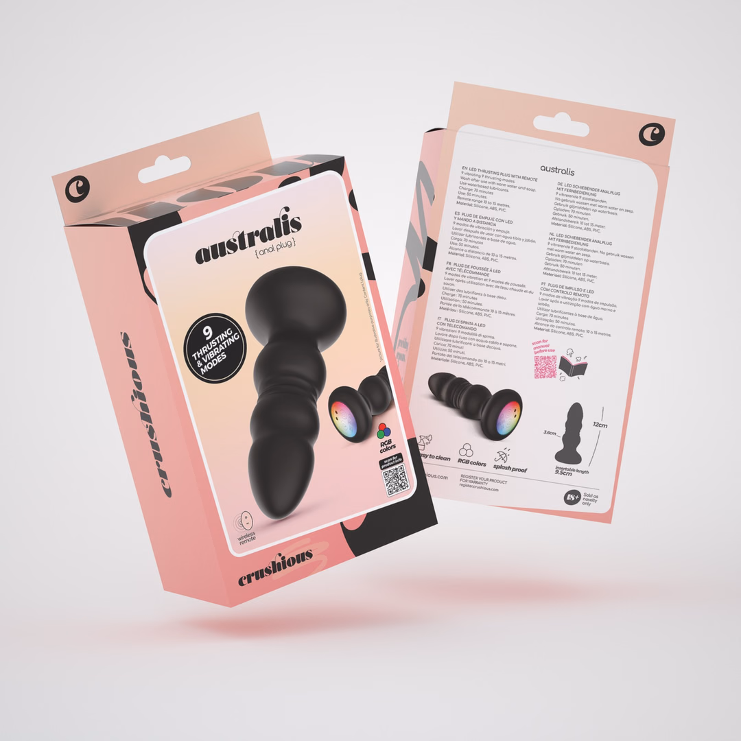 Australis – Vibrating and Thrusting Anal Plug with LED RGB and Remote Control – Black – 2 Australis - Vibrating and Thrusting Anal Plug with LED RGB and Remote Control - Black - 2