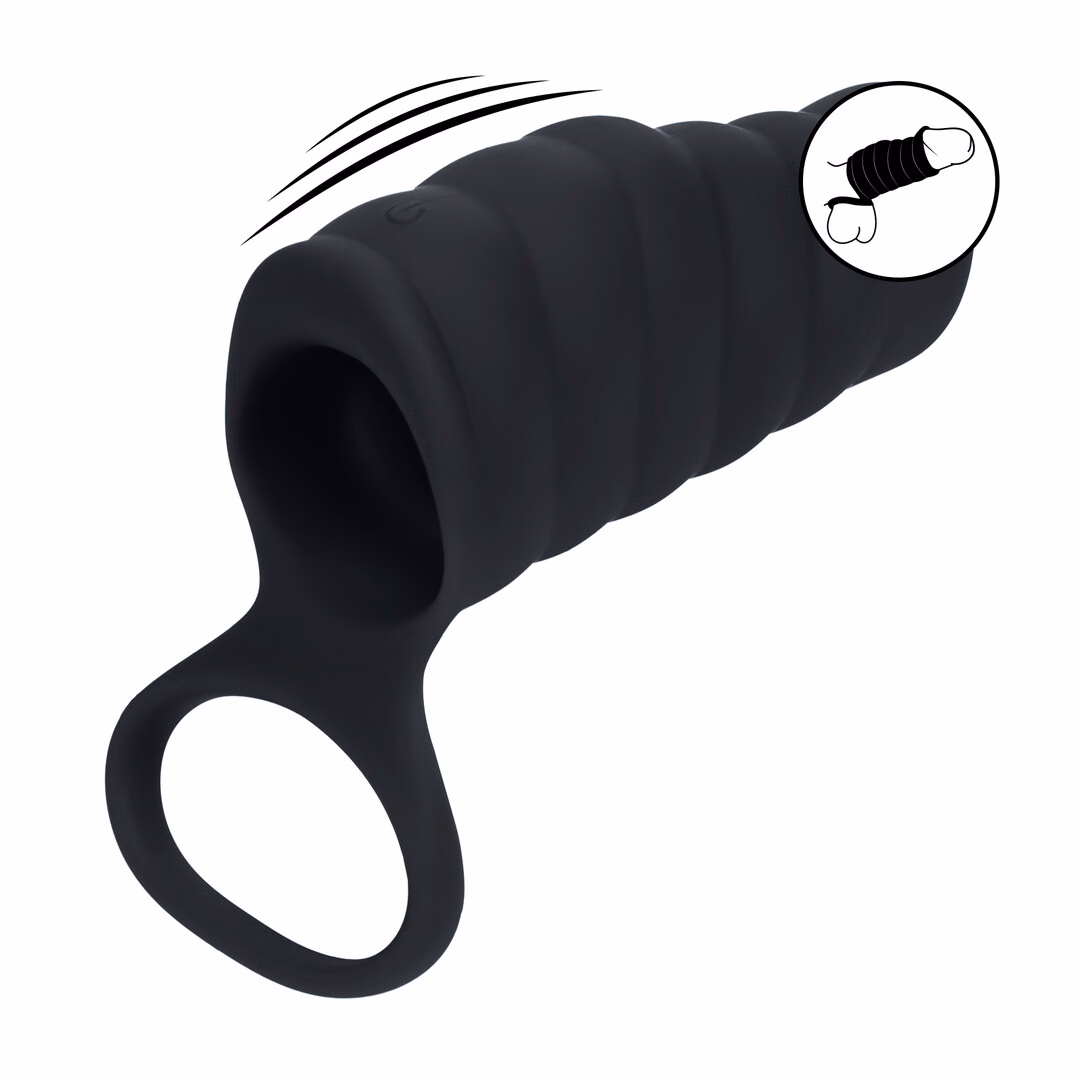 Vibrating Ribbed Silicone Cock Sleeve and Ball Ring - Black