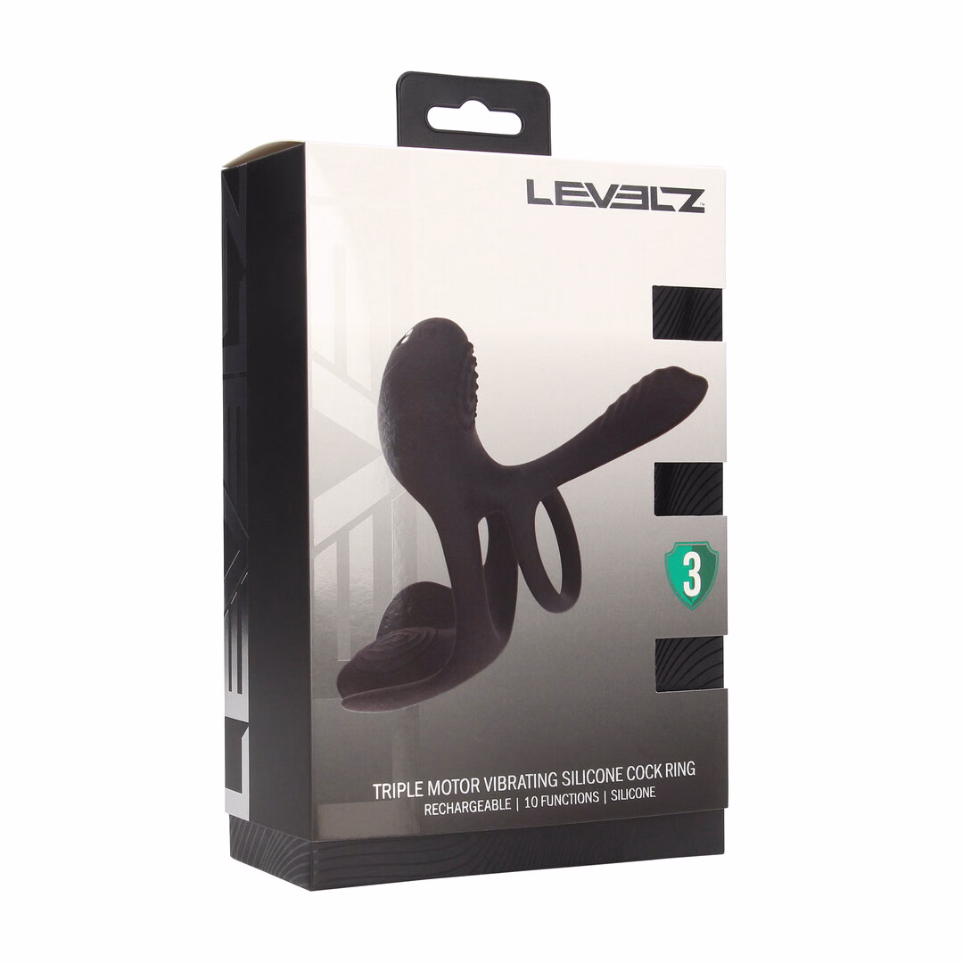 Triple Motor Vibrating Silicone Cockring - Black - 2