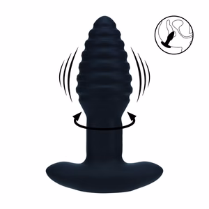 Vibrating and Rotating Ribbed Silicone Anal Plug - Black