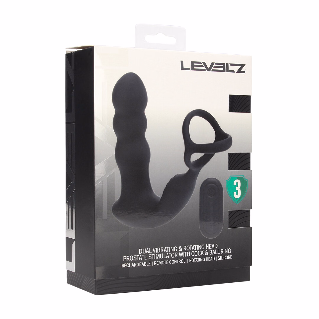 Dual Vibrating Remote Rotating Head Silicone Prostate Stimulator with Cock and Ball Ring - Black - 2