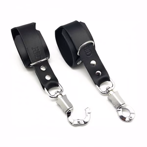Leather Handcuffs with Anti-Panic Carabiner - Black - 2
